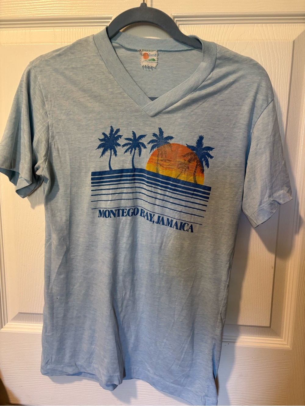 70s/80s VINTAGE blue v neck tropical t shirt.  Montego Bay Jamaica